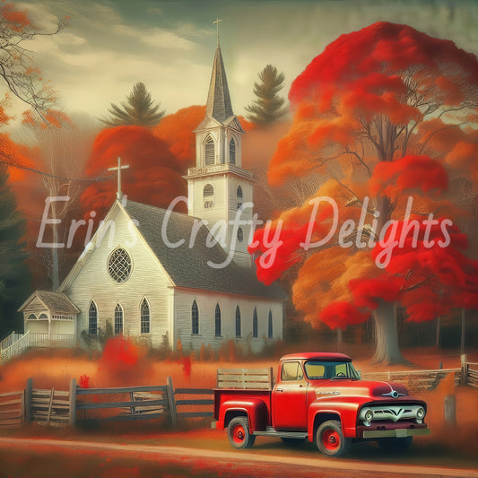 3 Autumn Red Truck and Church