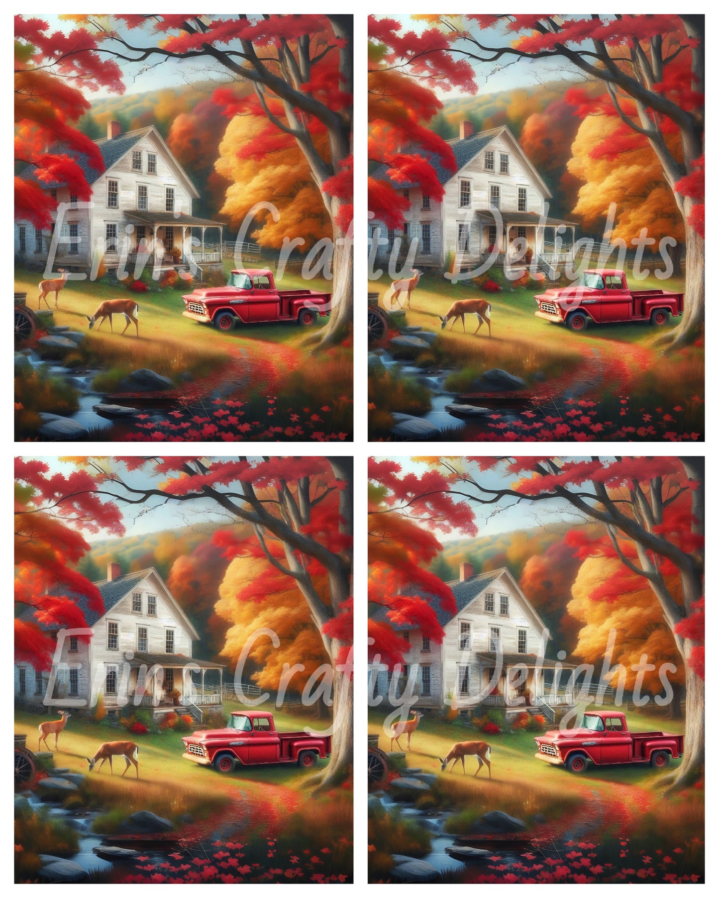 3 Autumn Red Truck and Farmhouse