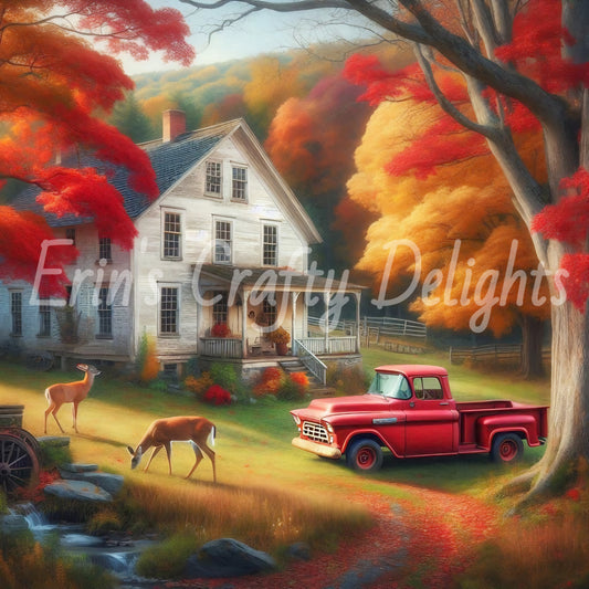 3 Autumn Red Truck and Farmhouse