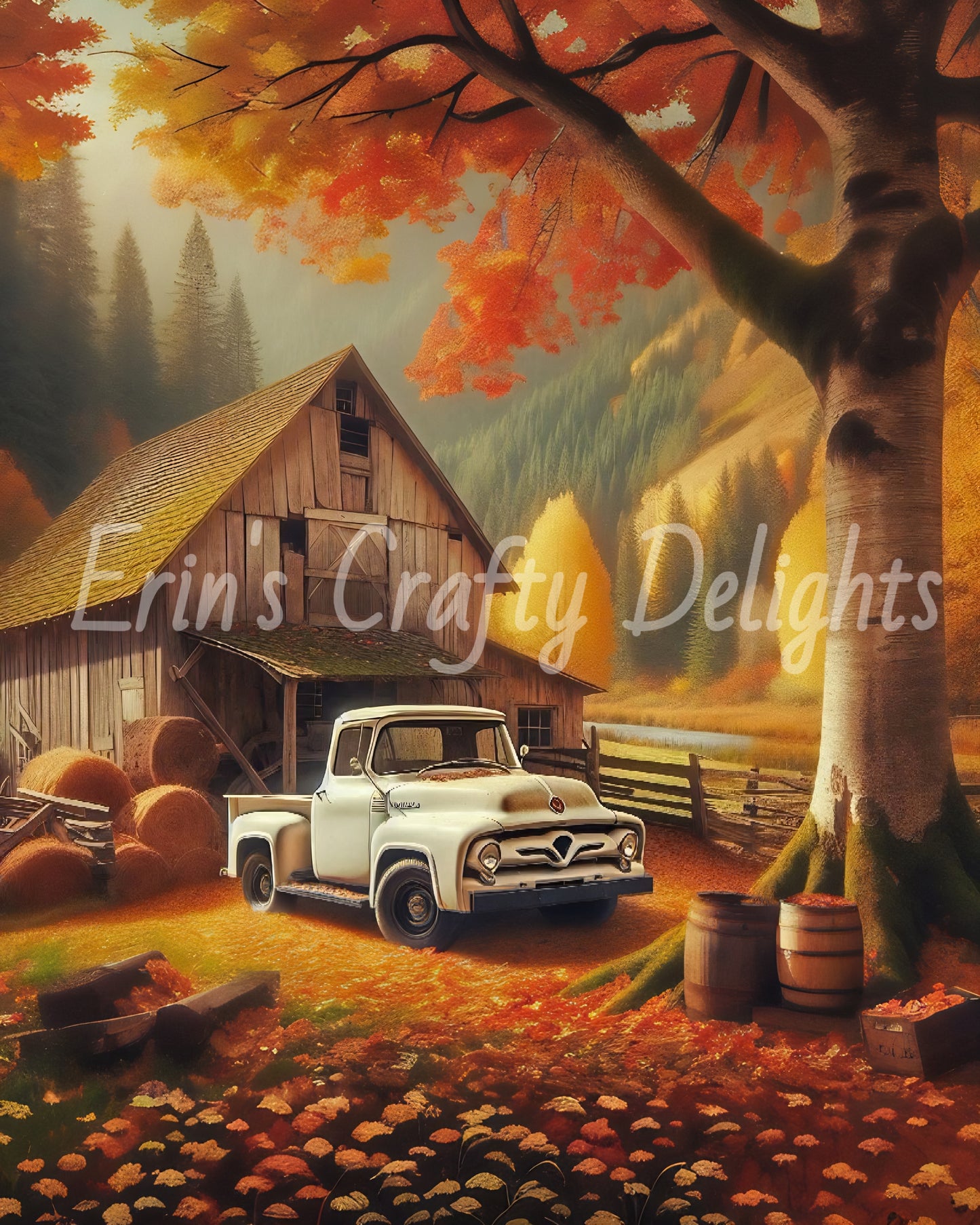 3 Autumn White Truck and Barn