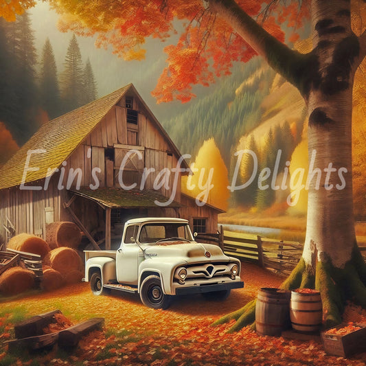 3 Autumn White Truck and Barn