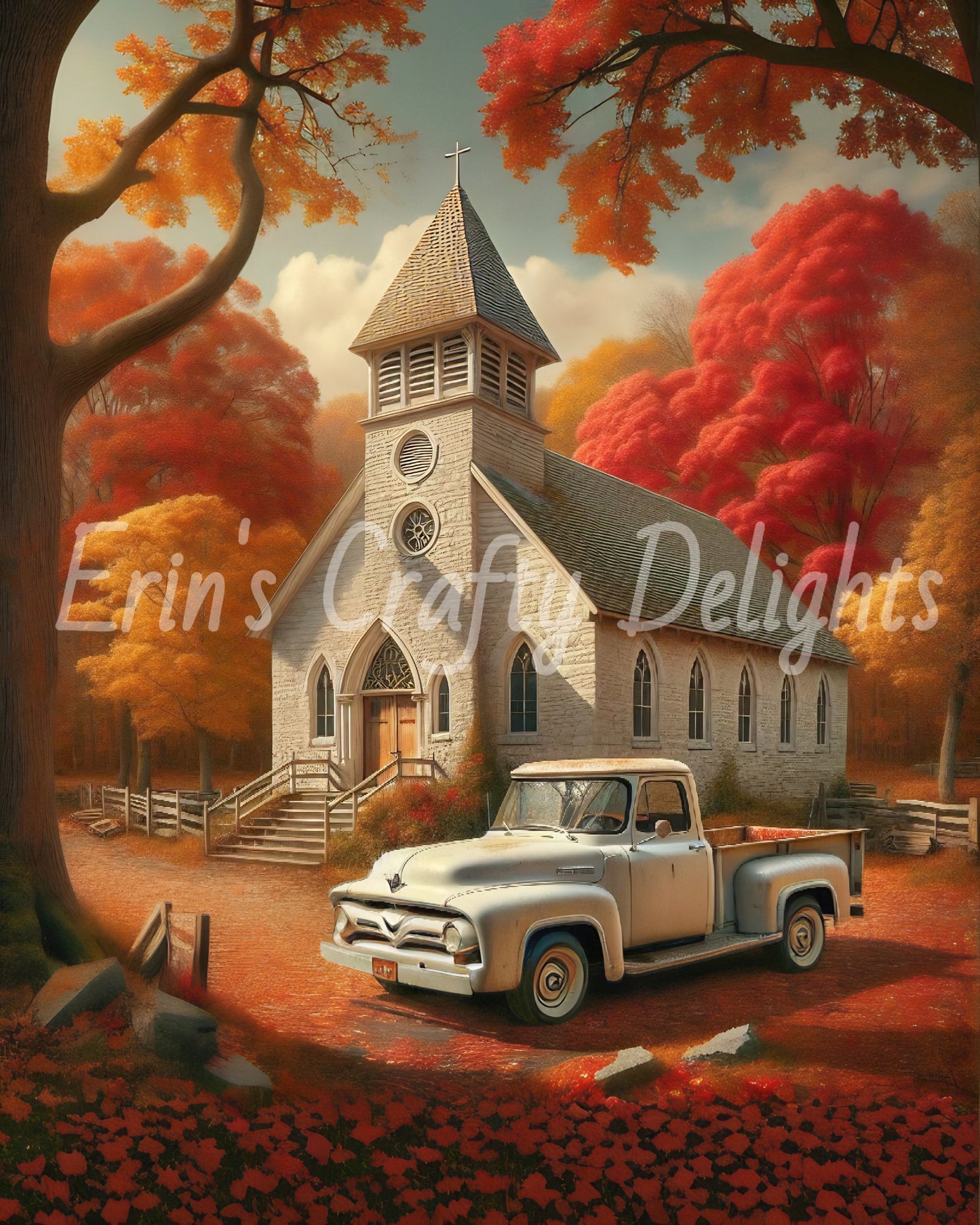 3 Autumn White Truck and Church