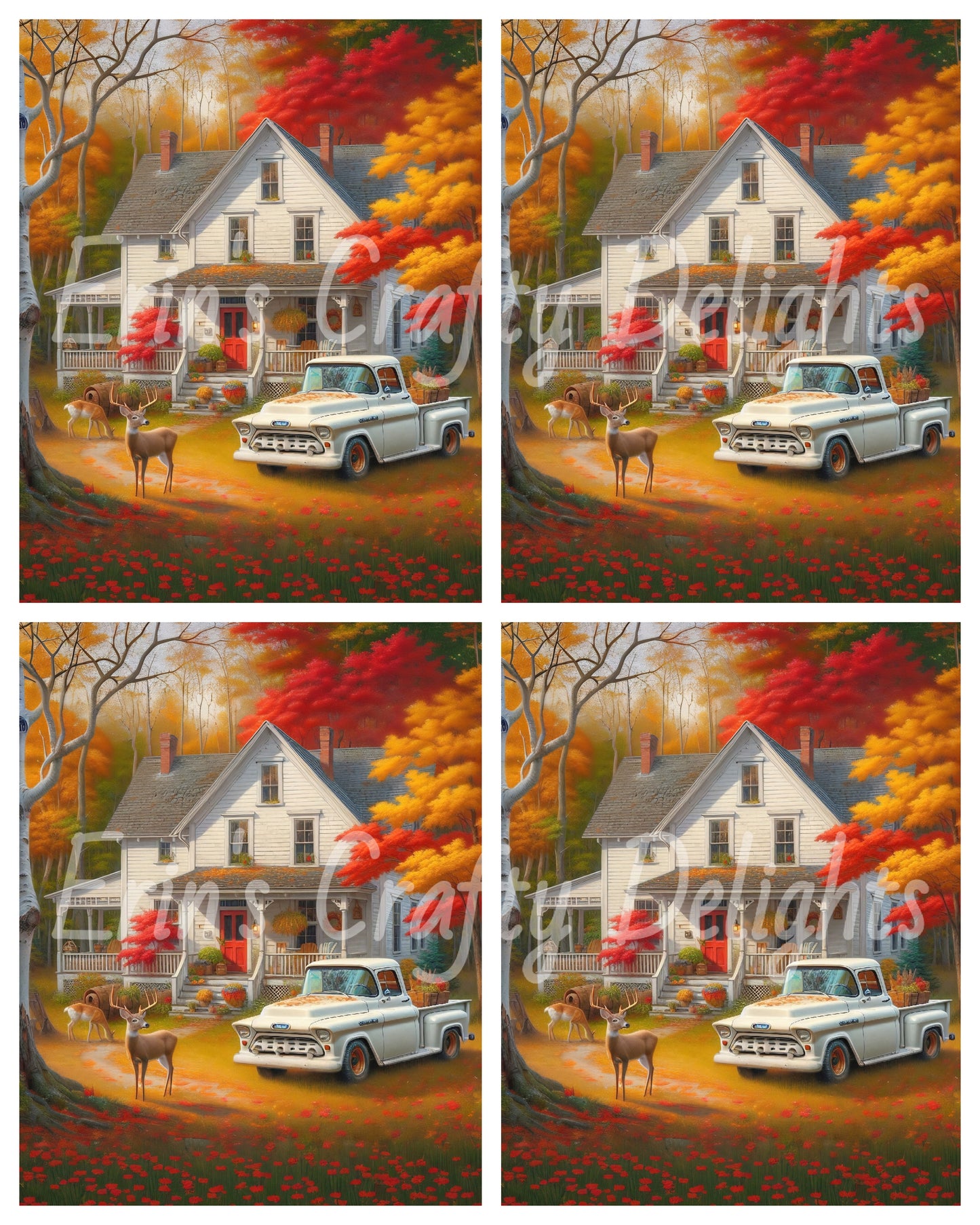 3 Autumn White Truck and Farmhouse