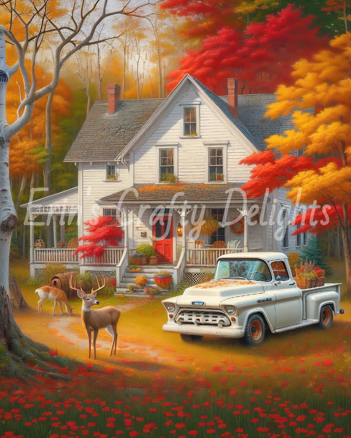 3 Autumn White Truck and Farmhouse