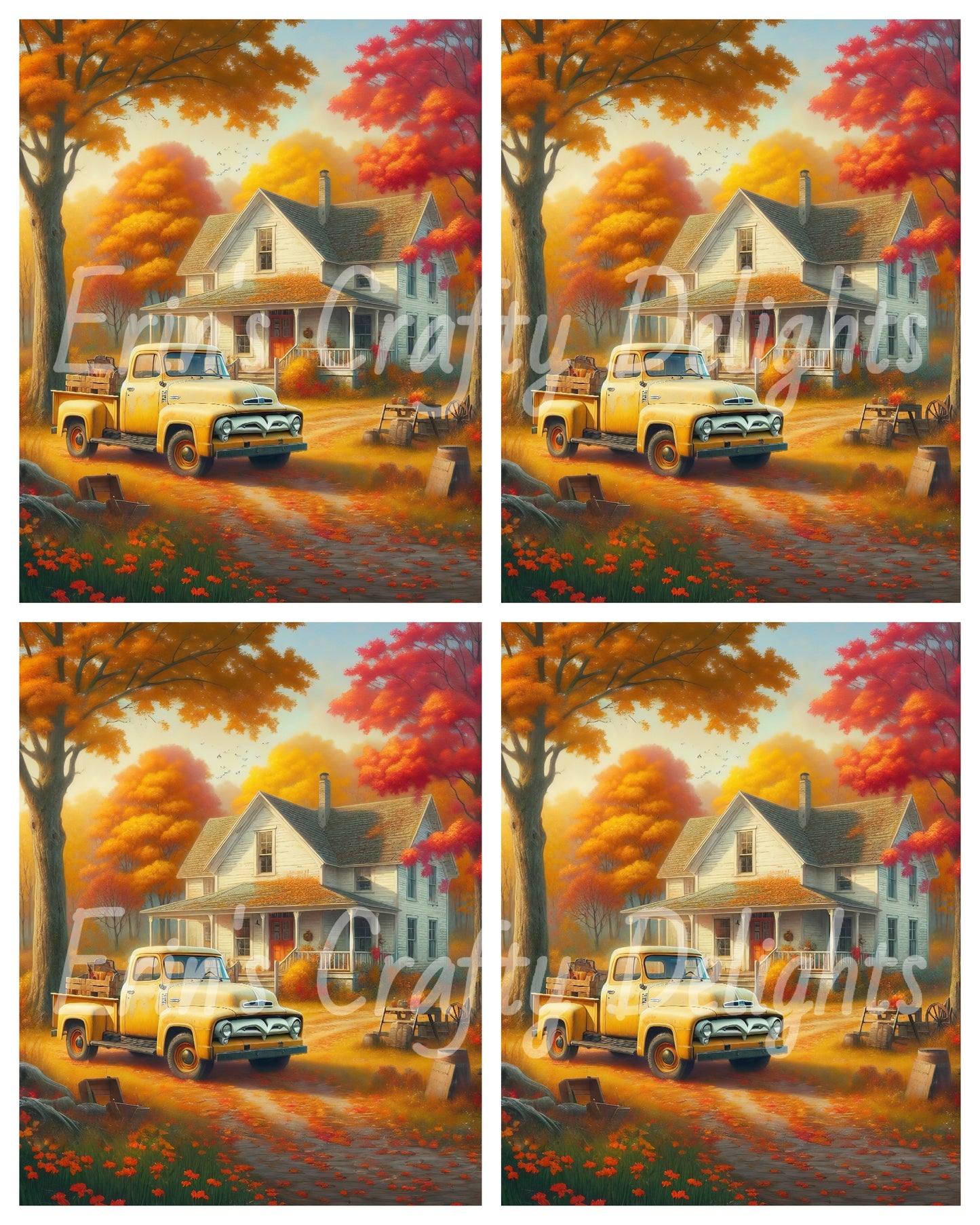 3 Autumn Yellow Truck and Farmhouse