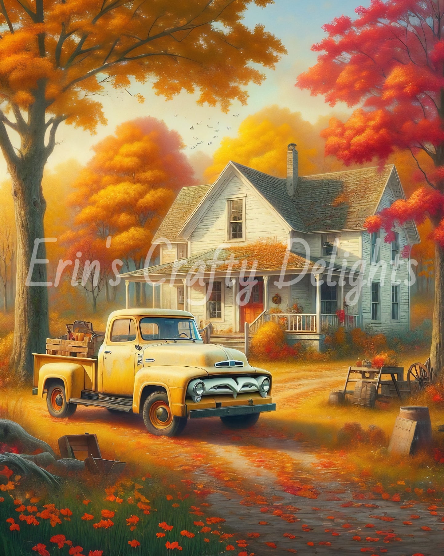 3 Autumn Yellow Truck and Farmhouse