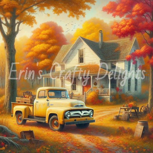 3 Autumn Yellow Truck and Farmhouse