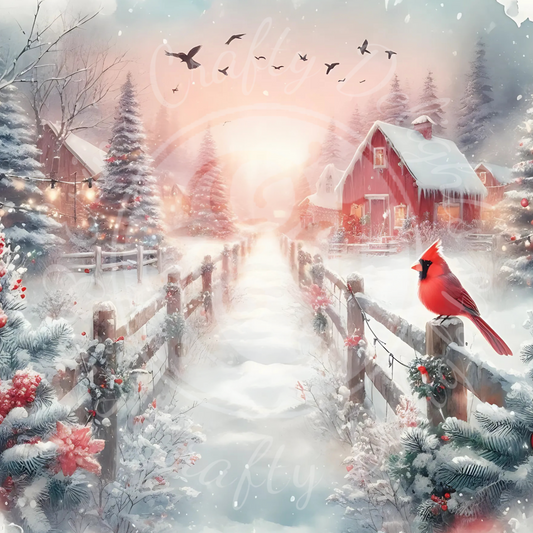 3 Christmas Cardinal and Barn