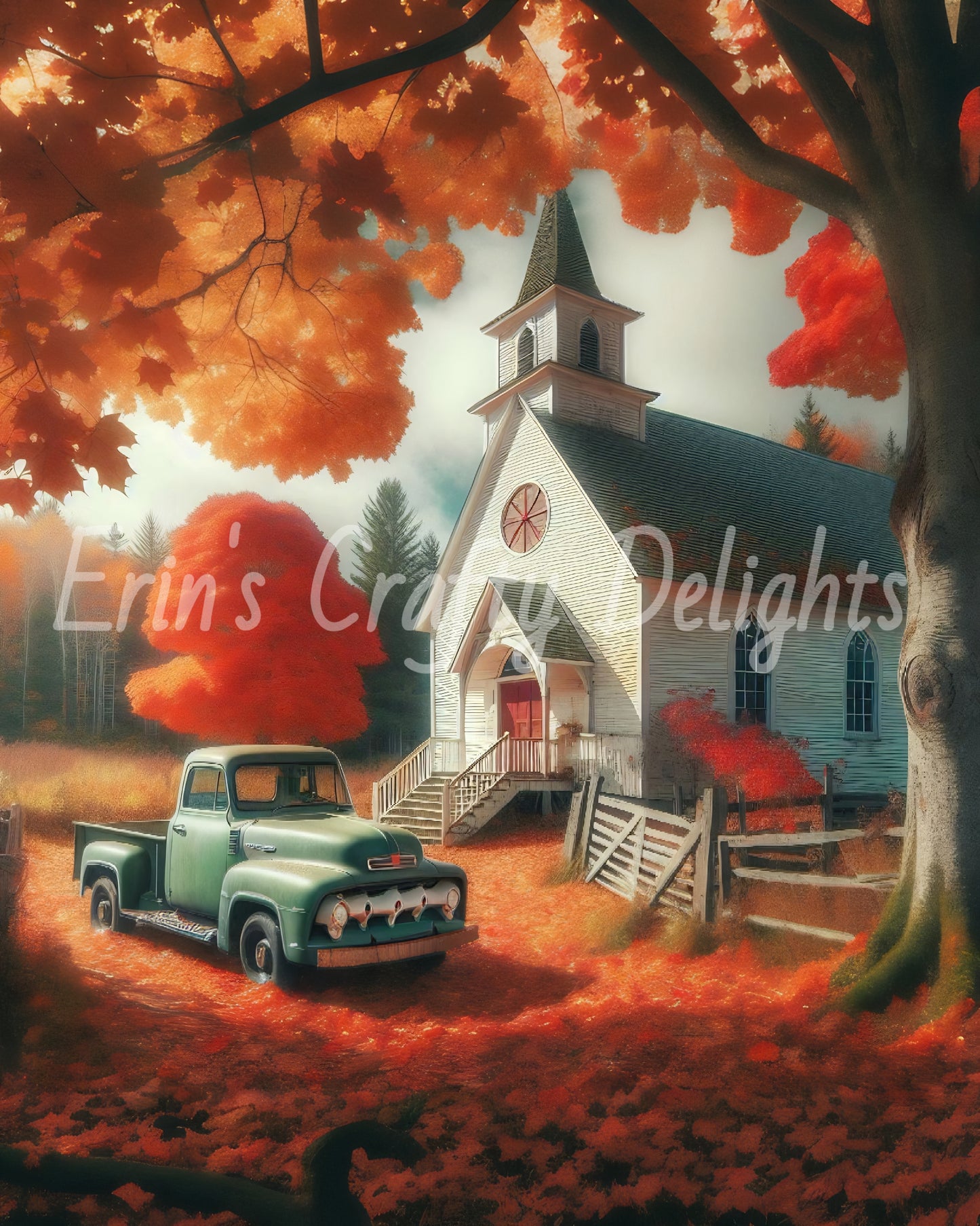3 Autumn Green Truck and Church