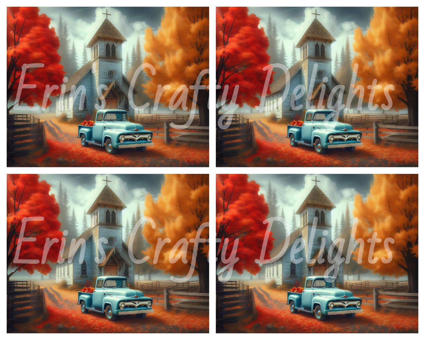4 Autumn Blue Truck and Church