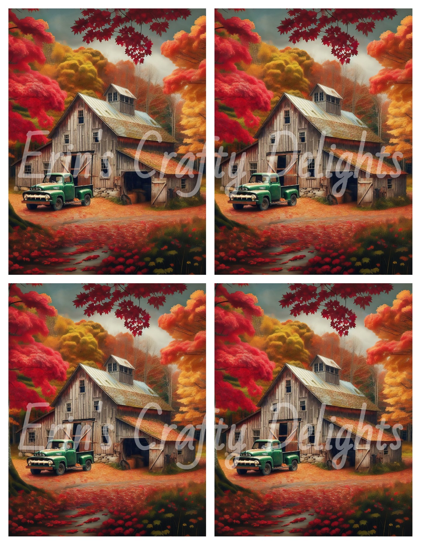 4 Autumn Green Truck and Barn