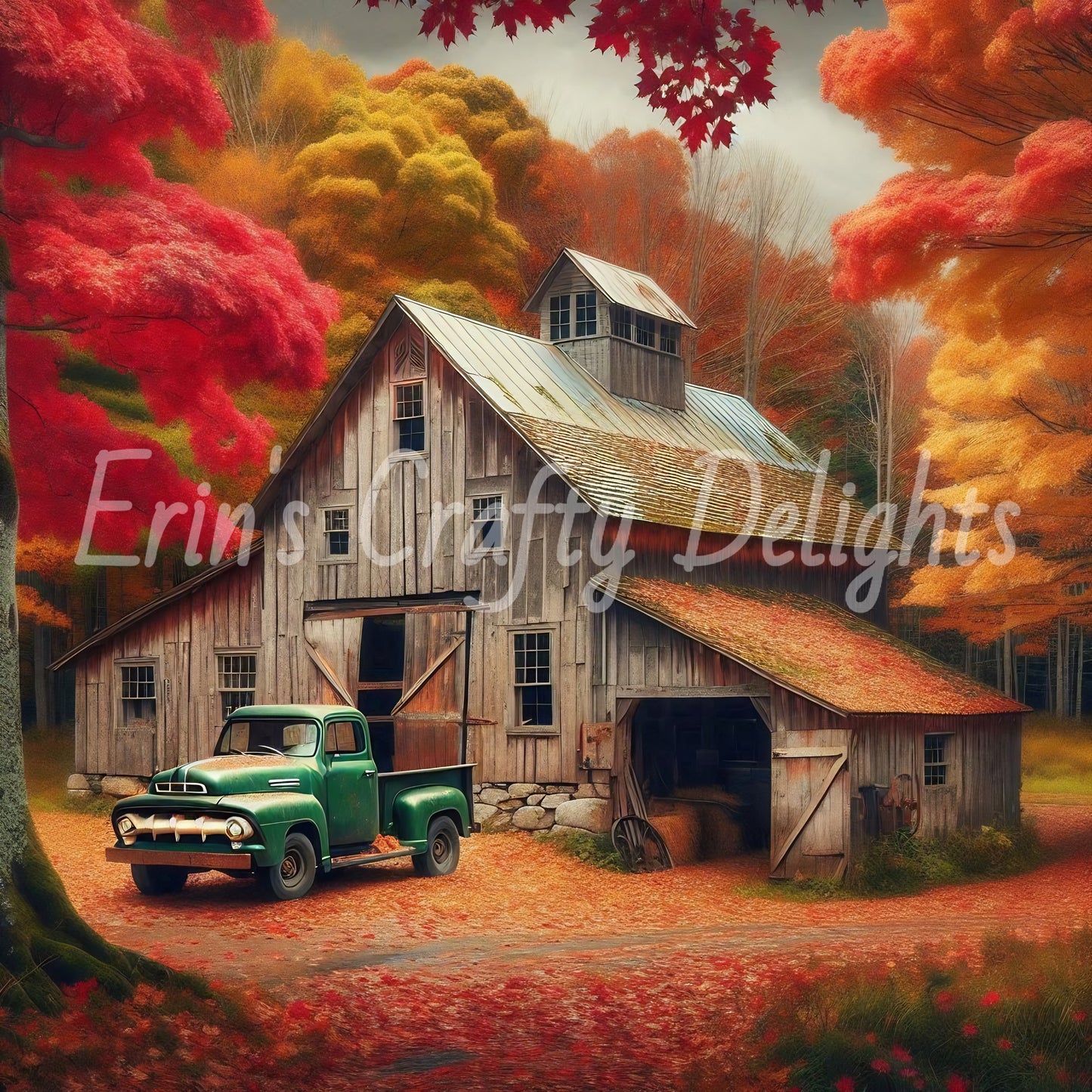 4 Autumn Green Truck and Barn