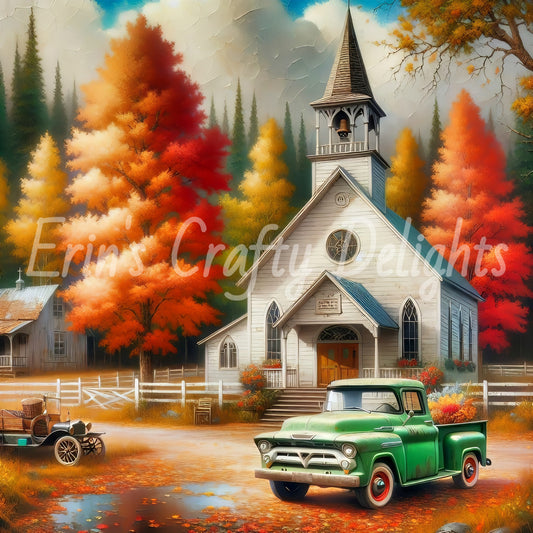 4 Autumn Green Truck and Church