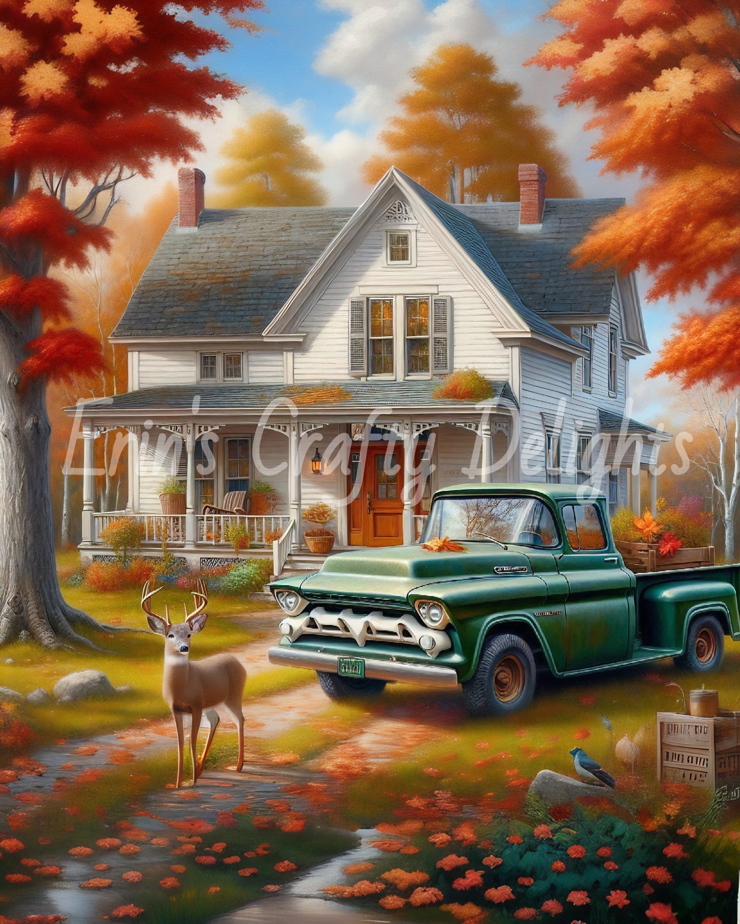 4 Autumn Green Truck and Farmhouse