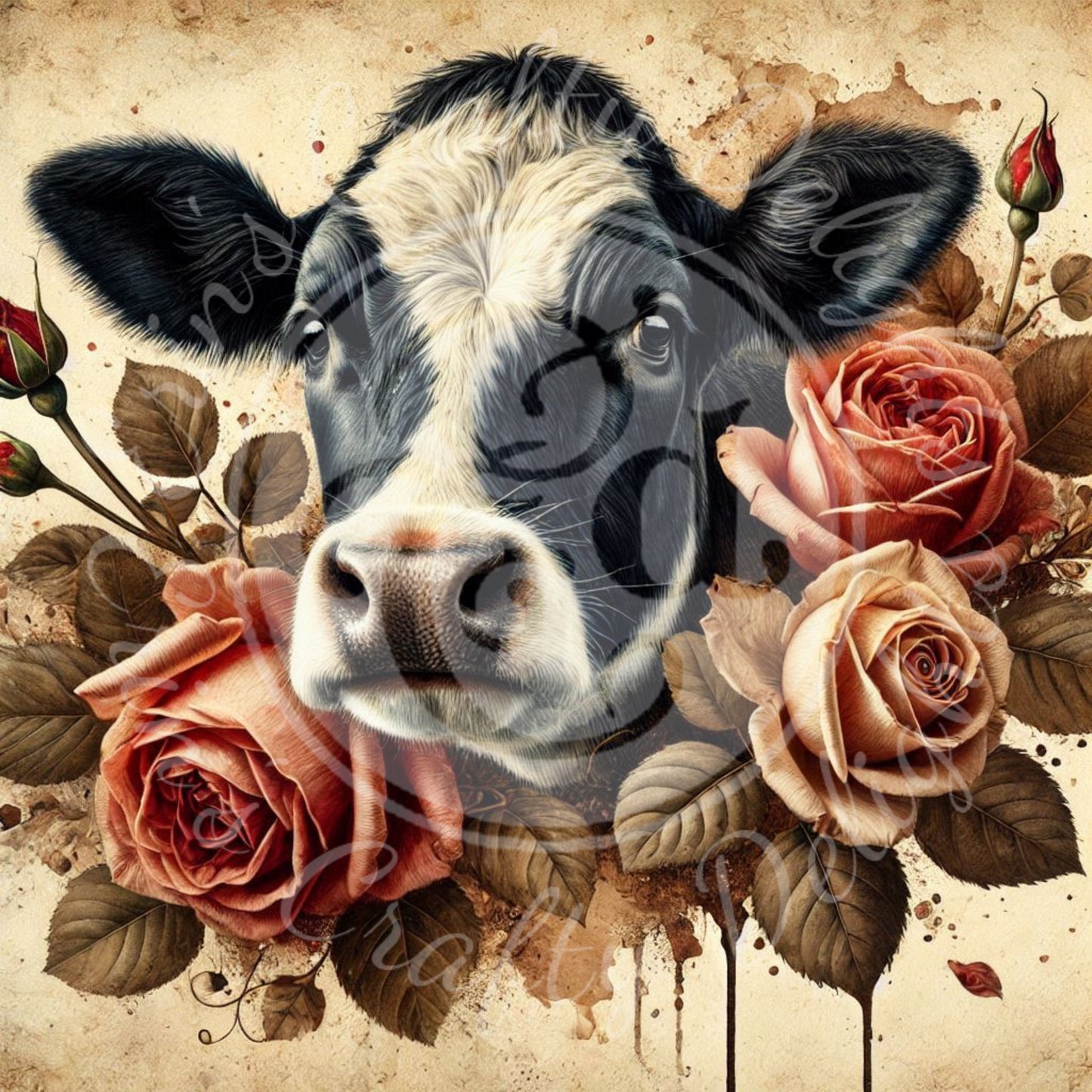 12 Sq Holstein & Roses 8x8" Printable