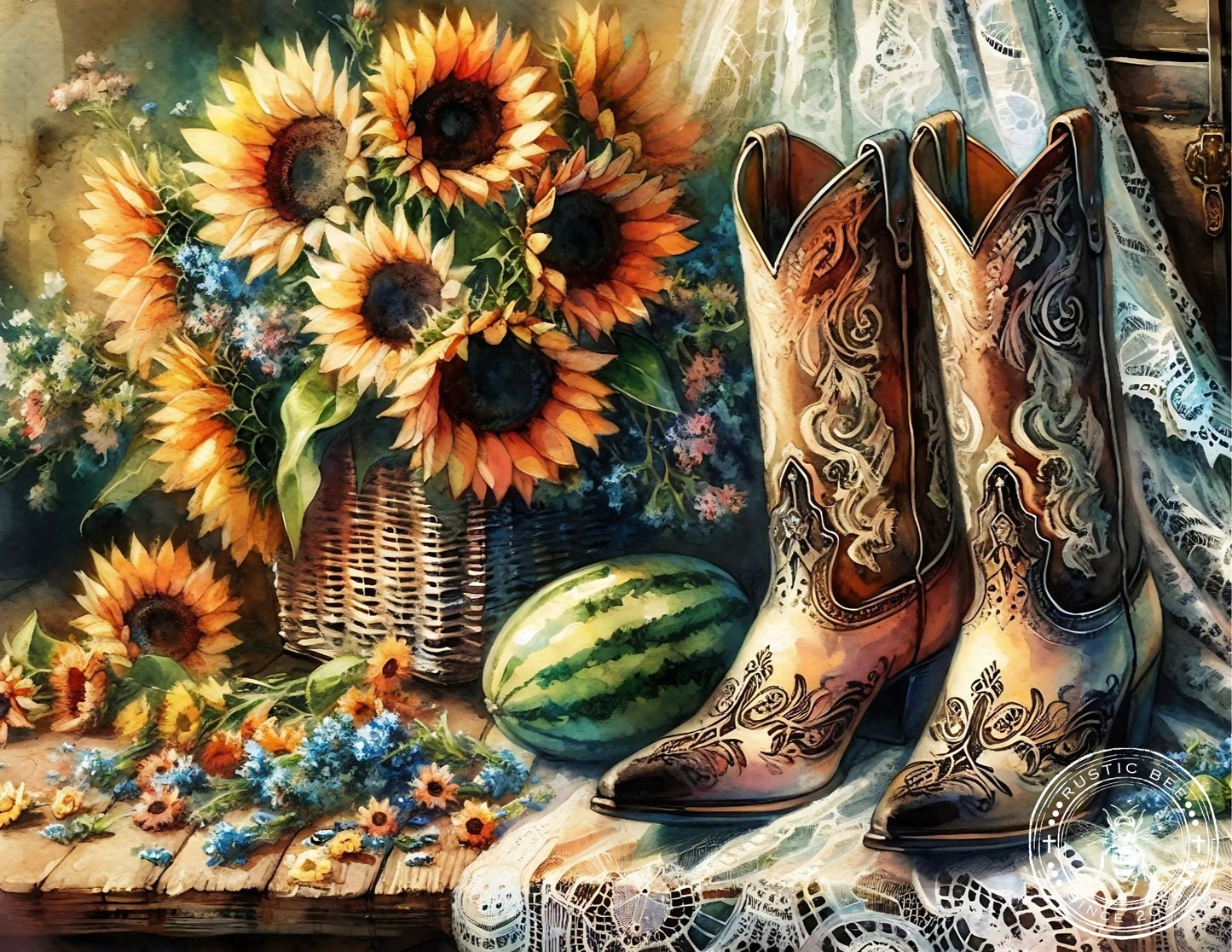 1 H Cowboy Boots, Sunflowers & Watermelon 8x10" Downloadable Printable