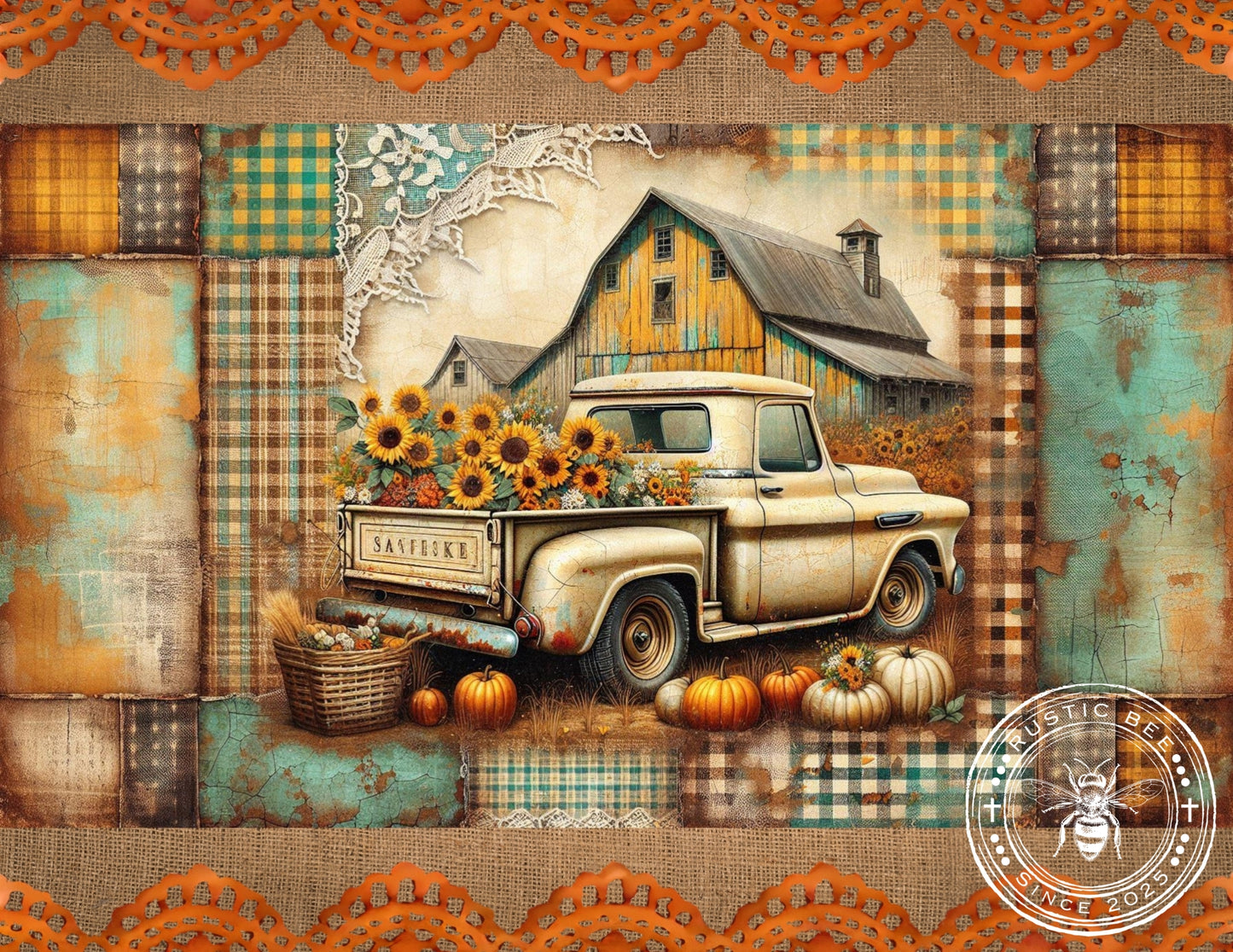 1H Vintage Creamy Pumpkin Truck & Sunflowers 8x10" Downloadable Printable