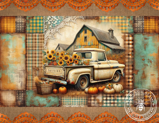 1H Vintage Creamy Pumpkin Truck & Sunflowers 8x10" Downloadable Printable