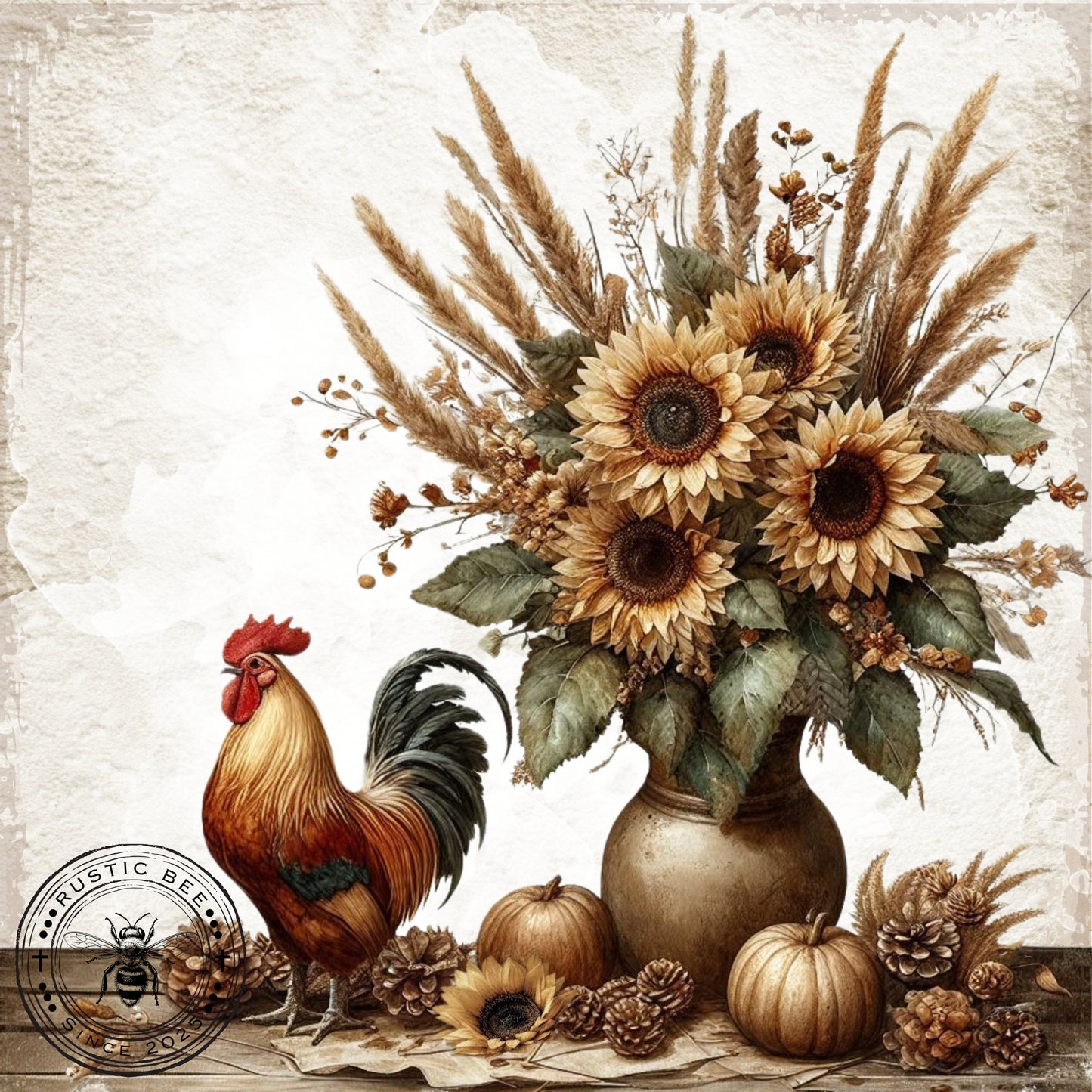 1 Sq Fall Sunflowers with Rooster and Textured Background 8x8" Downloadable Printable