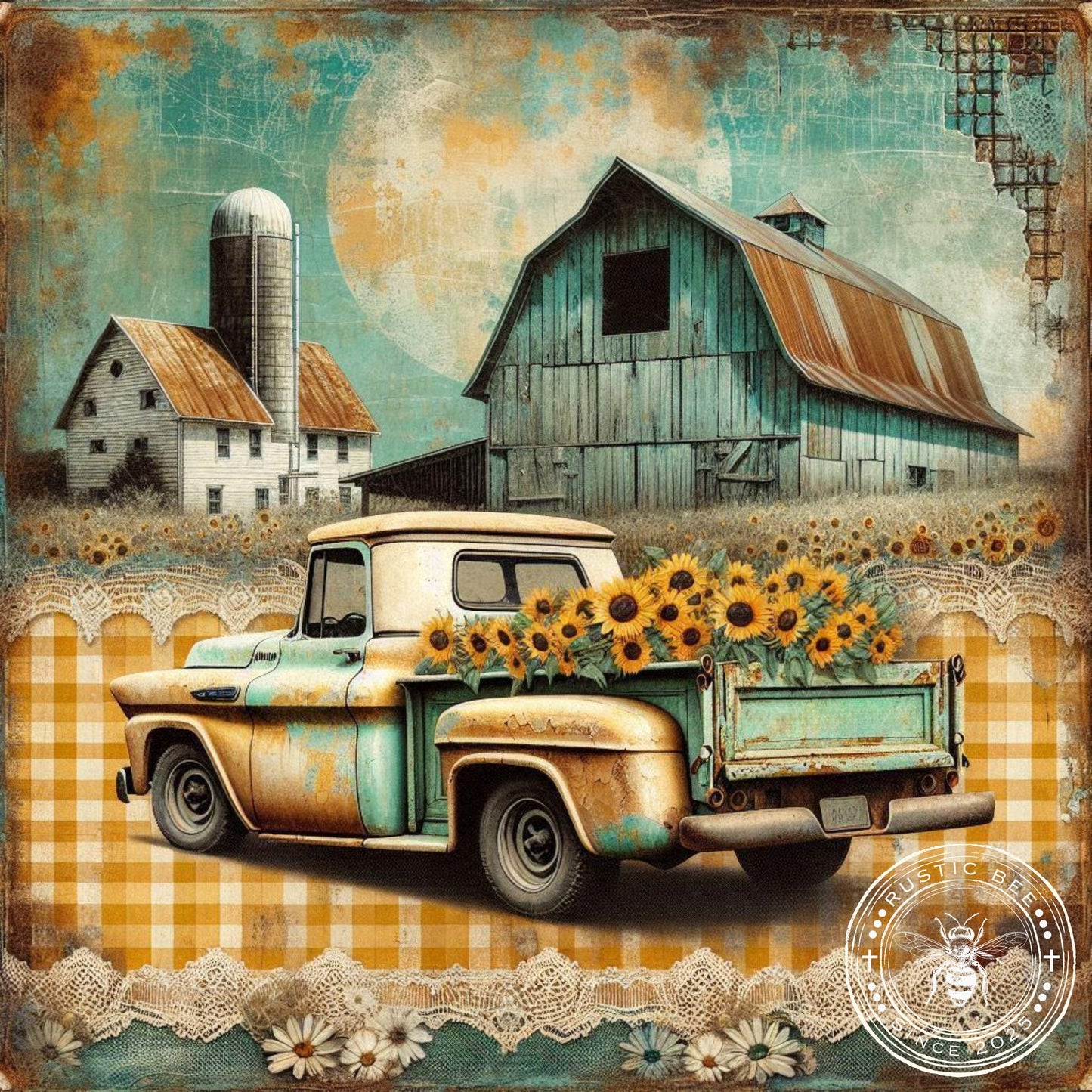 1 Sq Yellow Gingham Truck & Sunflowers 8x8" Downloadable Printable