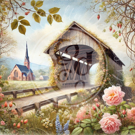 27 Sq Spring Covered Bridge 8x8" Printable