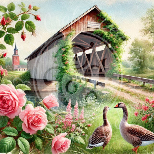 28 Sq Spring Covered Bridge 8x8" Printable