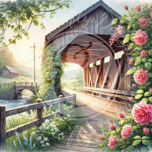 29 Sq Spring Covered Bridge 8x8" Printable