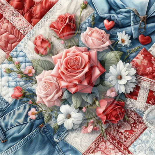 2 Love, Blue Denim & Red Satin Background