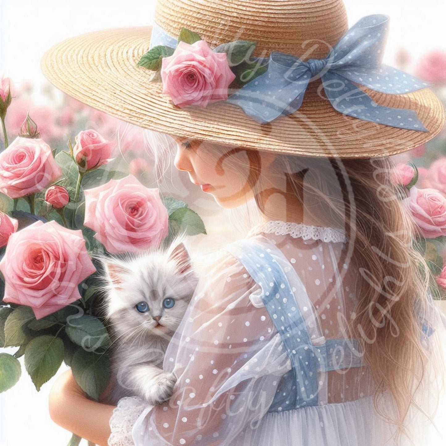 2 Spring Girl and Kitty in Blue