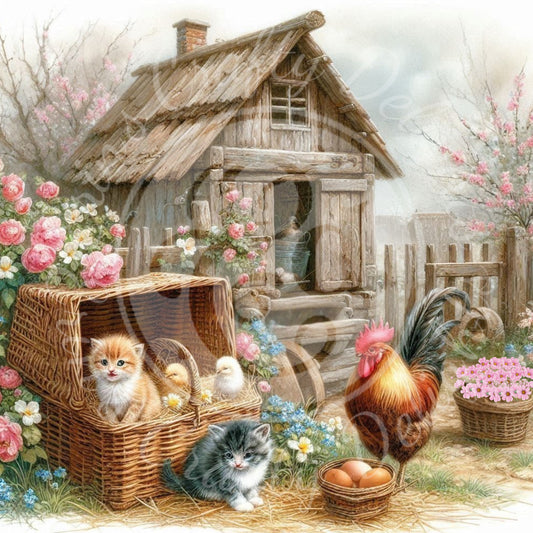 2 Spring Kittens and Chickens