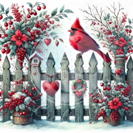 2 Valentine Cardinals on a Fence
