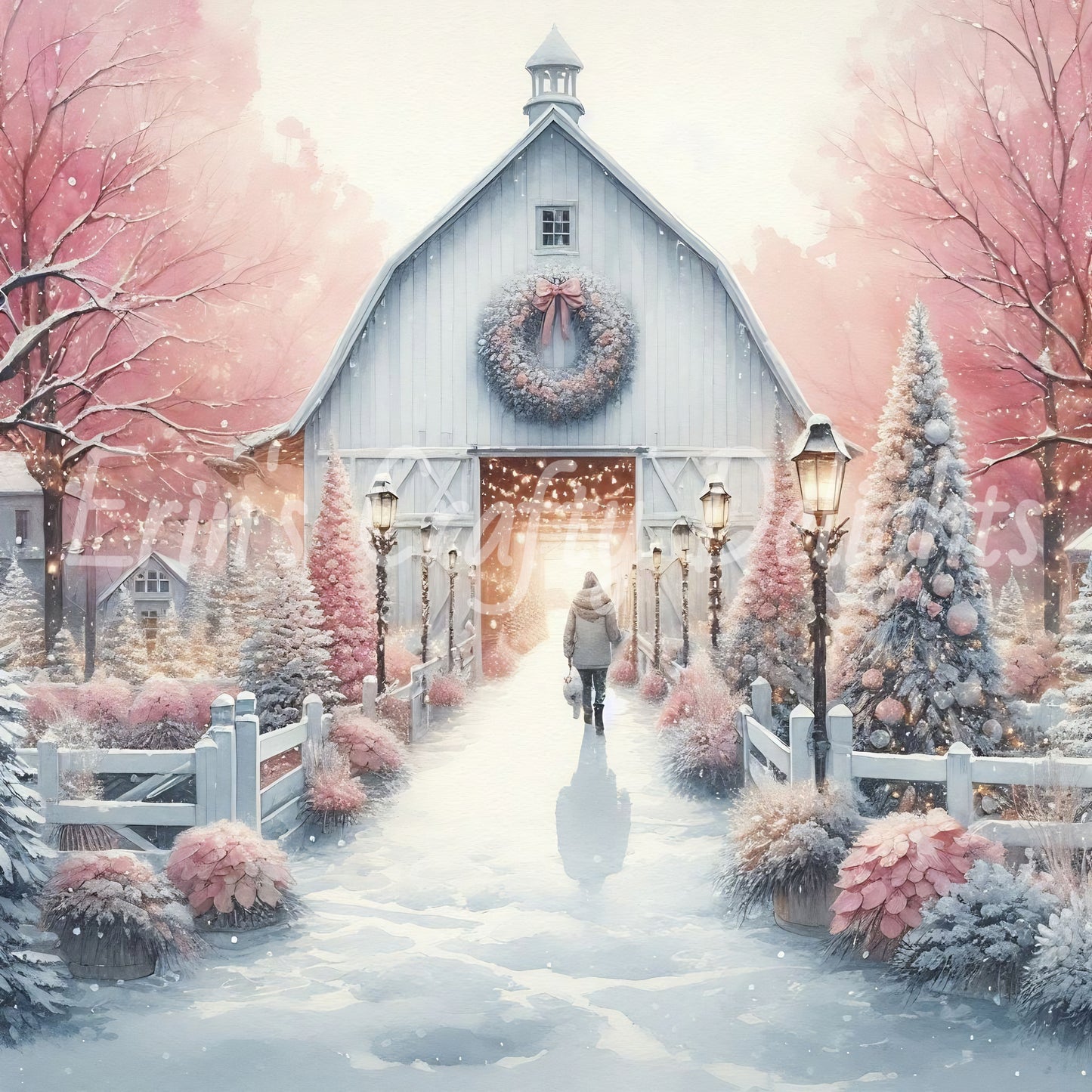 2 White & Pink Barn in Winter