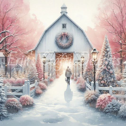 2 White & Pink Barn in Winter