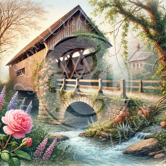 30 Sq Spring Covered Bridge 8x8" Printable