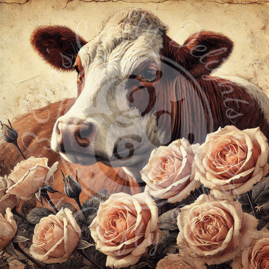 3 Sq Holstein & Roses 8x8" Printable