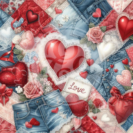 3 Love, Blue Denim & Red Satin Background