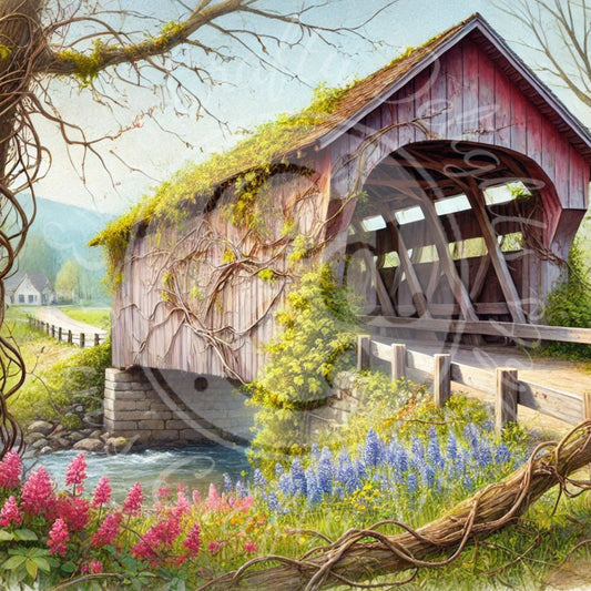3 Sq Spring Covered Bridge 8x8" Printable