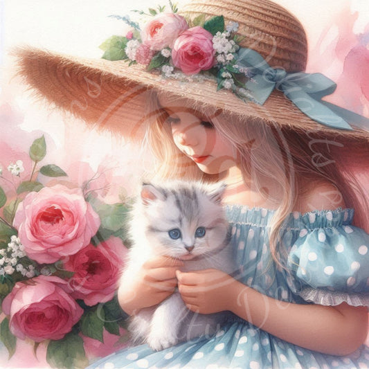 3 Spring Girl and Kitty in Blue