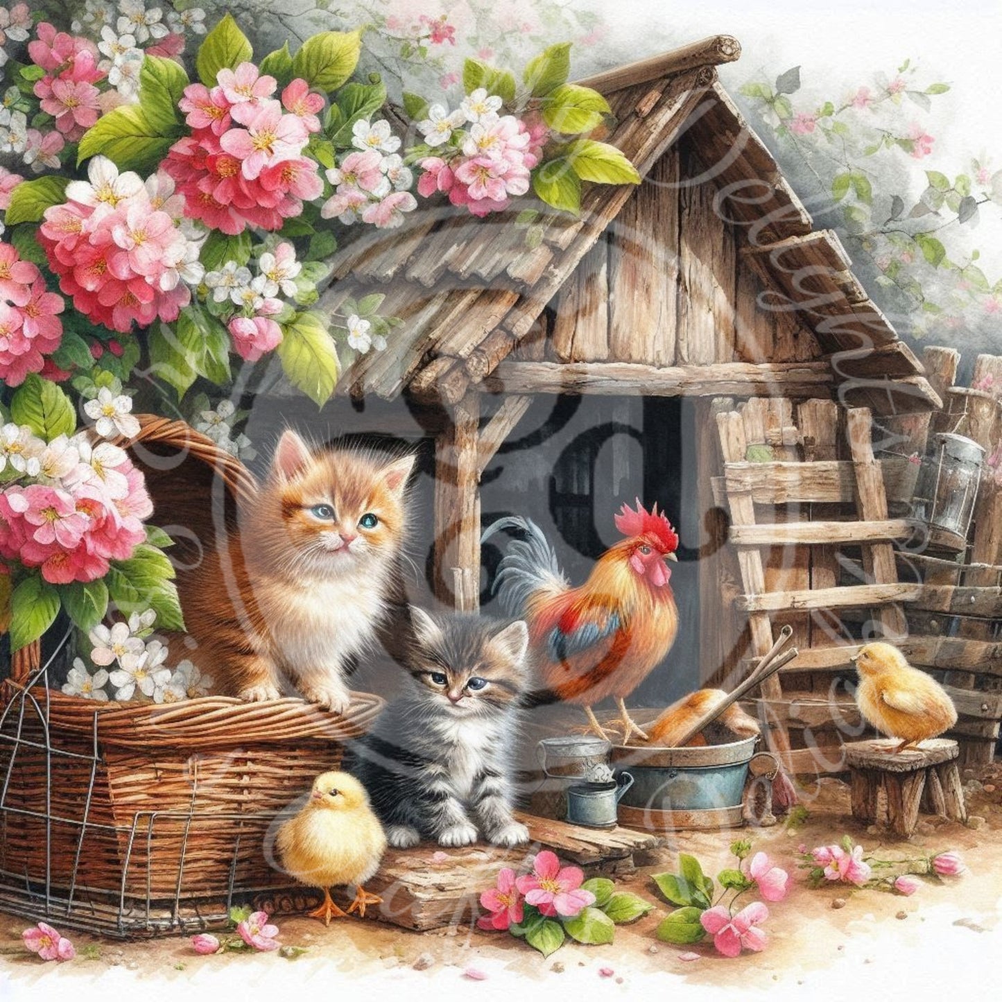 3 Spring Kittens and Chickens