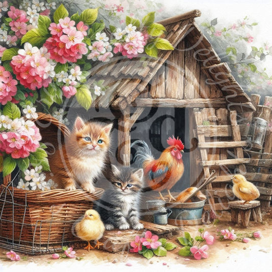 3 Spring Kittens and Chickens