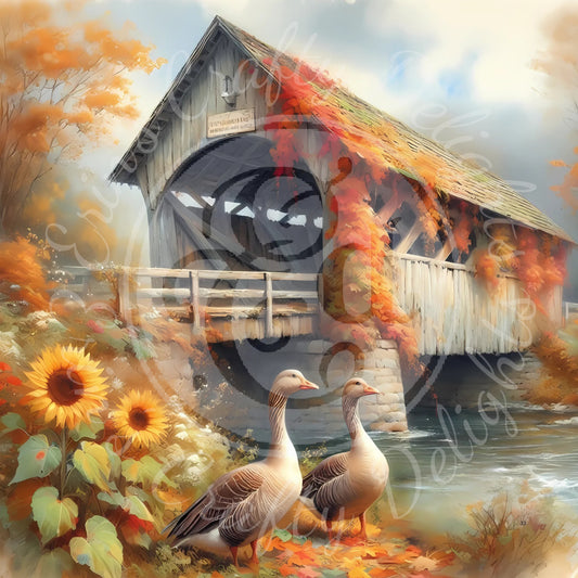 3 Sq Autumn Covered Bridge 8x8 Printable