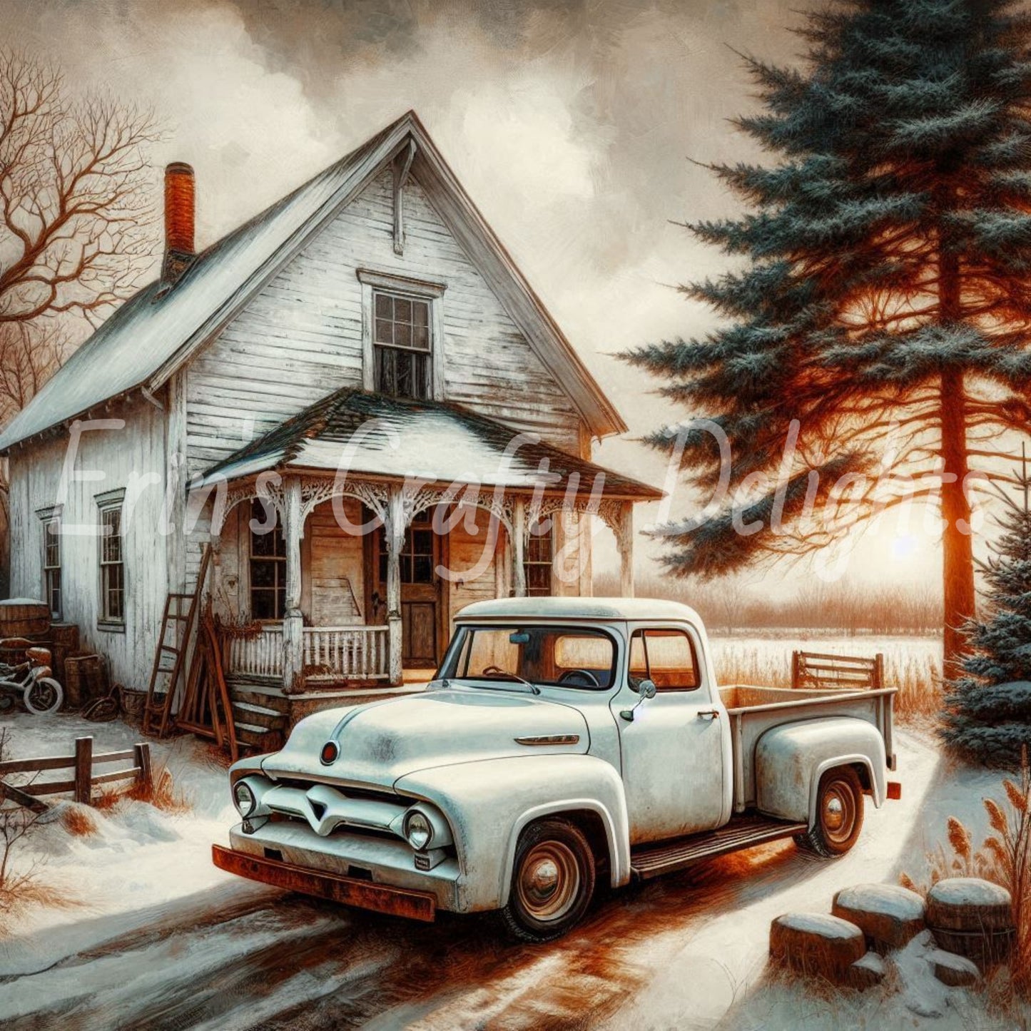 3 White Truck and Farmhouse