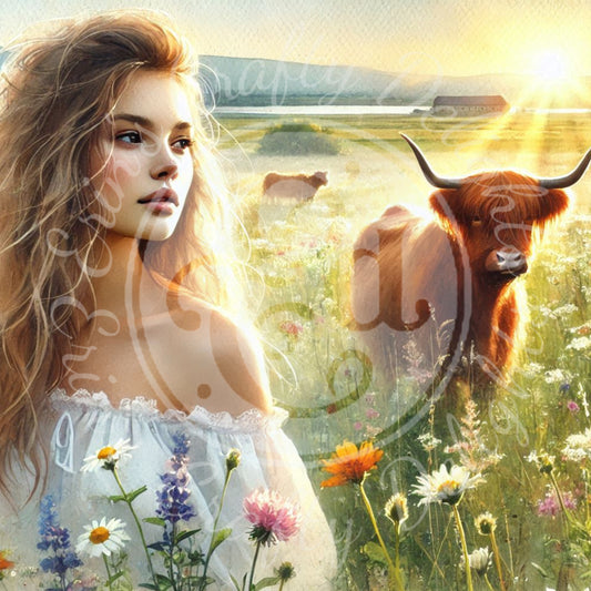 3 Spring Woman & Highland Cow