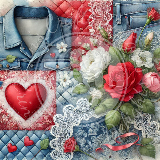4 Love, Blue Denim & Red Satin Background