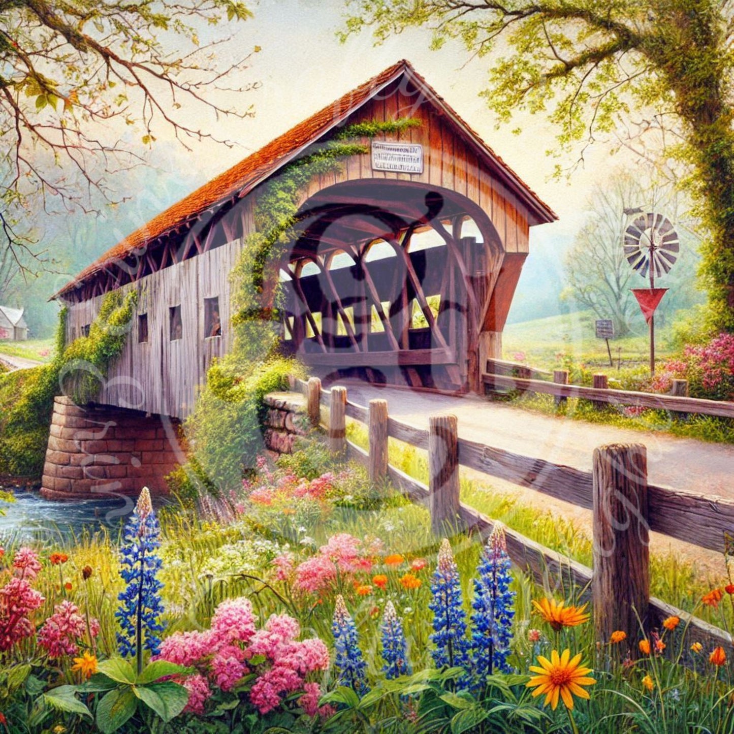 4 Sq Spring Covered Bridge 8x8" Printable