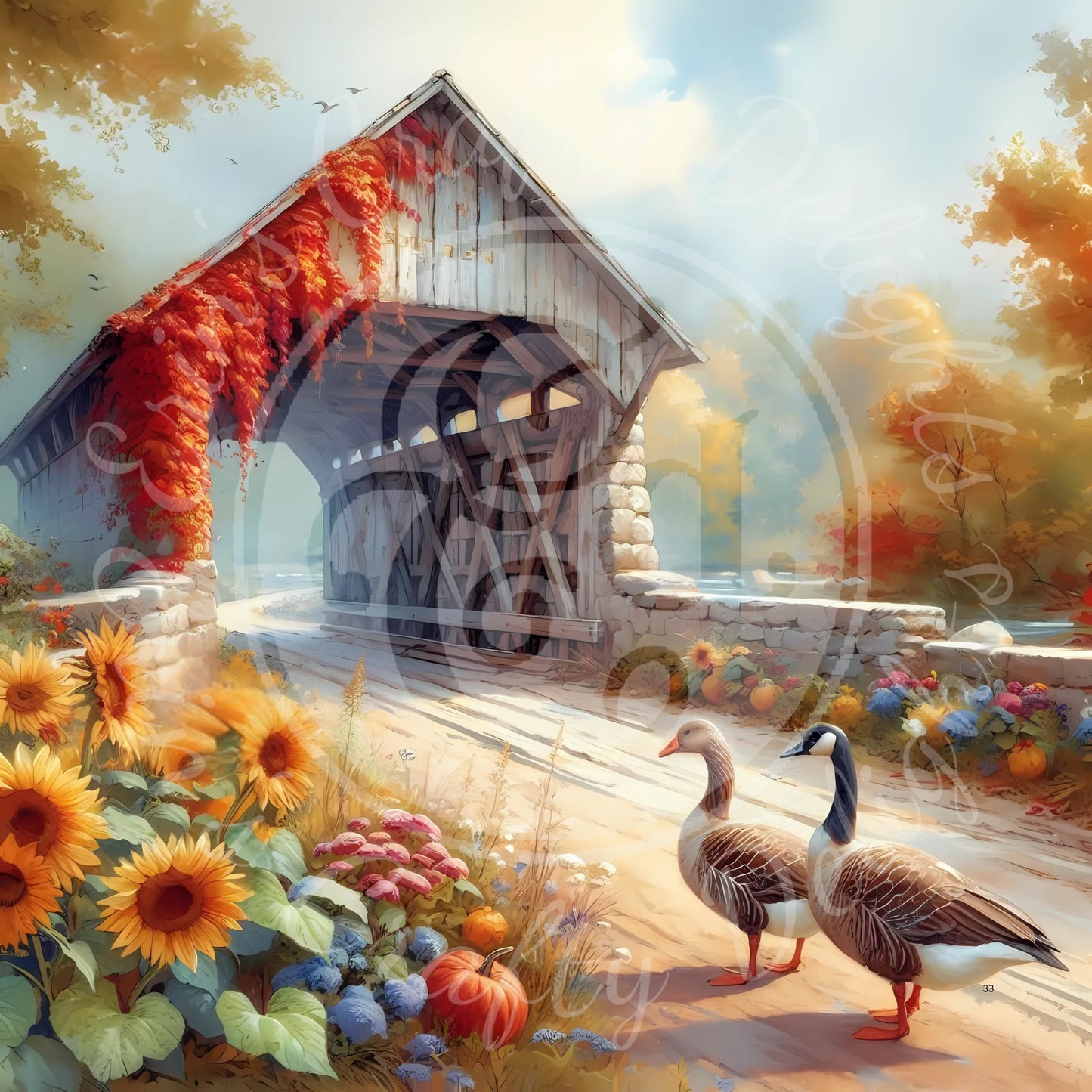 4 Sq Autumn Covered Bridge 8x8 Printable