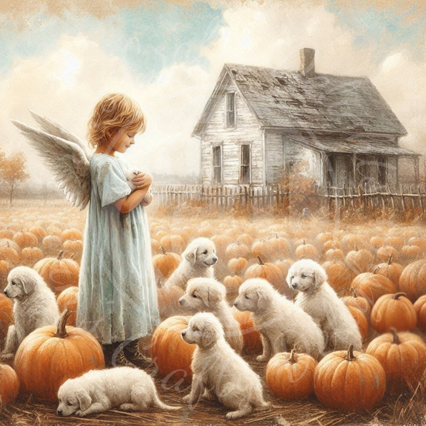 5 Sq Fall Angel Boy Pumpkin Patch 8x8" Printable