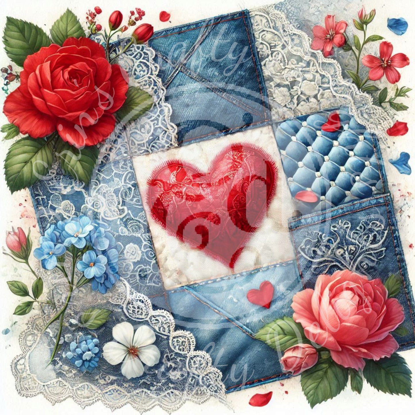 6 Love, Blue Denim & Red Satin Background