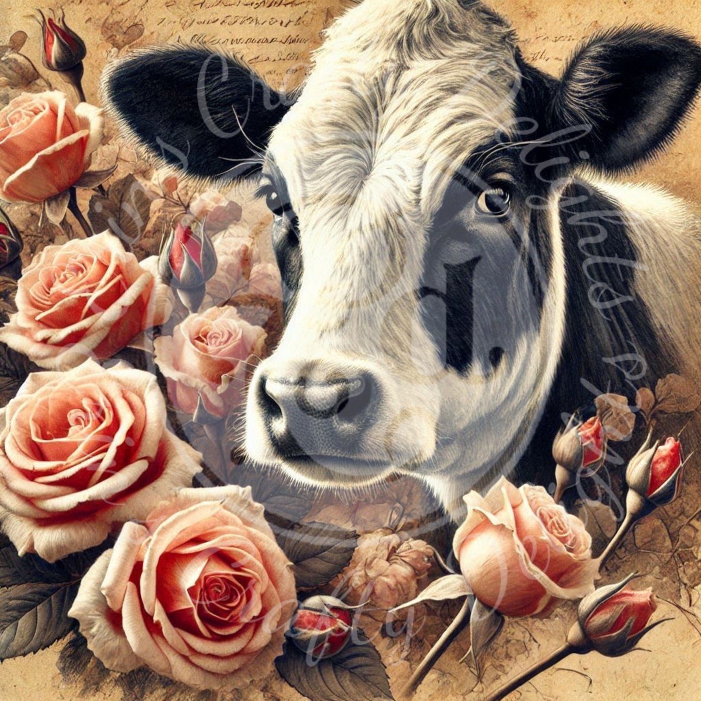 7 Sq Holstein & Roses 8x8" Printable