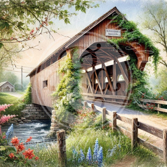 7 Sq Spring Covered Bridge 8x8" Printable